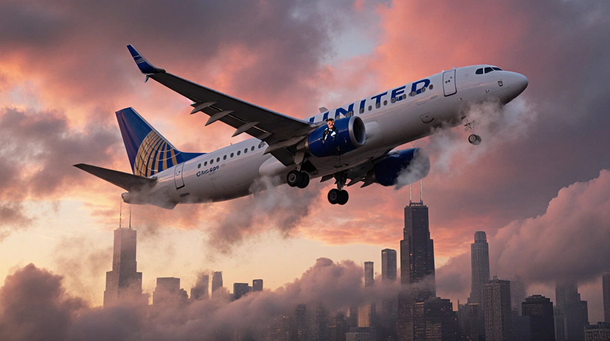 United Airlines plane descending through clouds with visible Chicago skyline and dramatic orange-pink dusk sky
