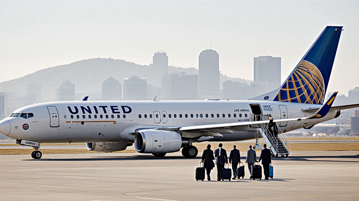 United Airlines aircraft lands at SFO with passengers disembarking near luggage cart and San Francisco skyline visible