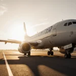 Ground crew member in orange vest looking up at stranded United Airlines plane with sunset casting long shadows across runway