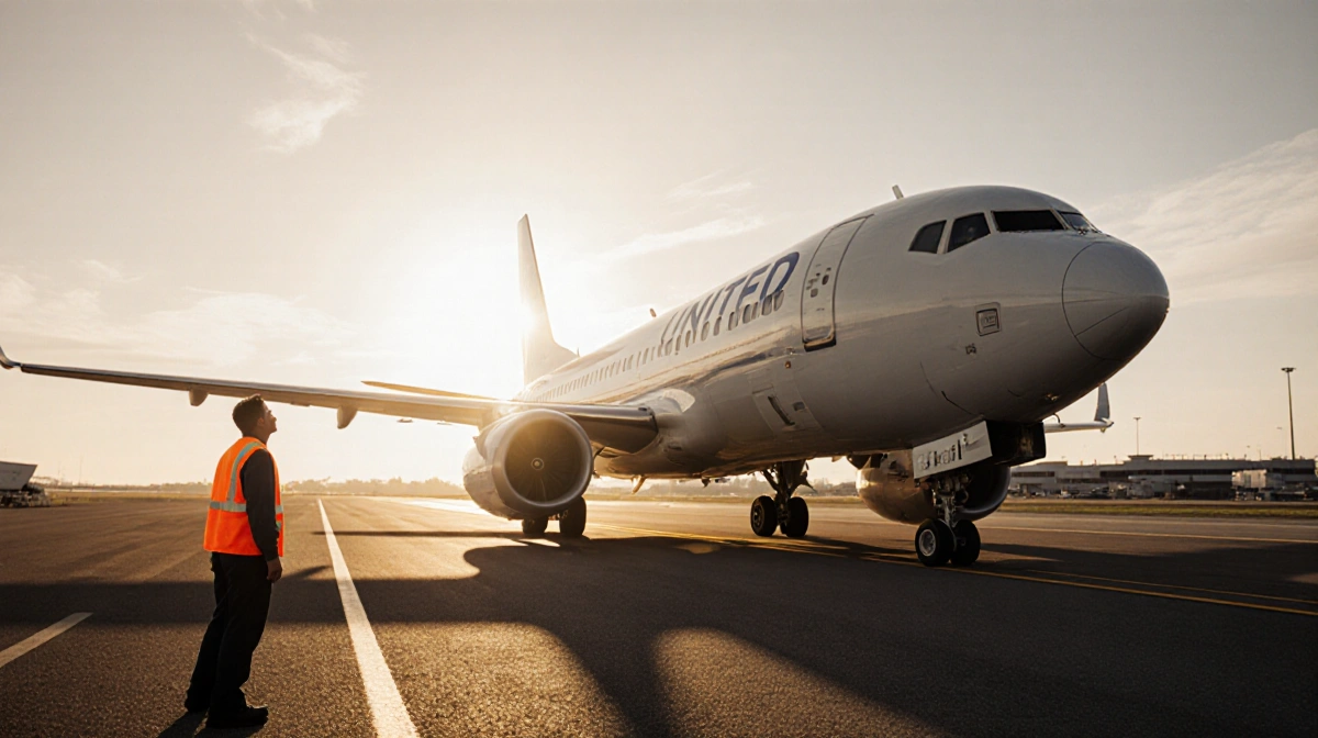 Ground crew member in orange vest looking up at stranded United Airlines plane with sunset casting long shadows across runway