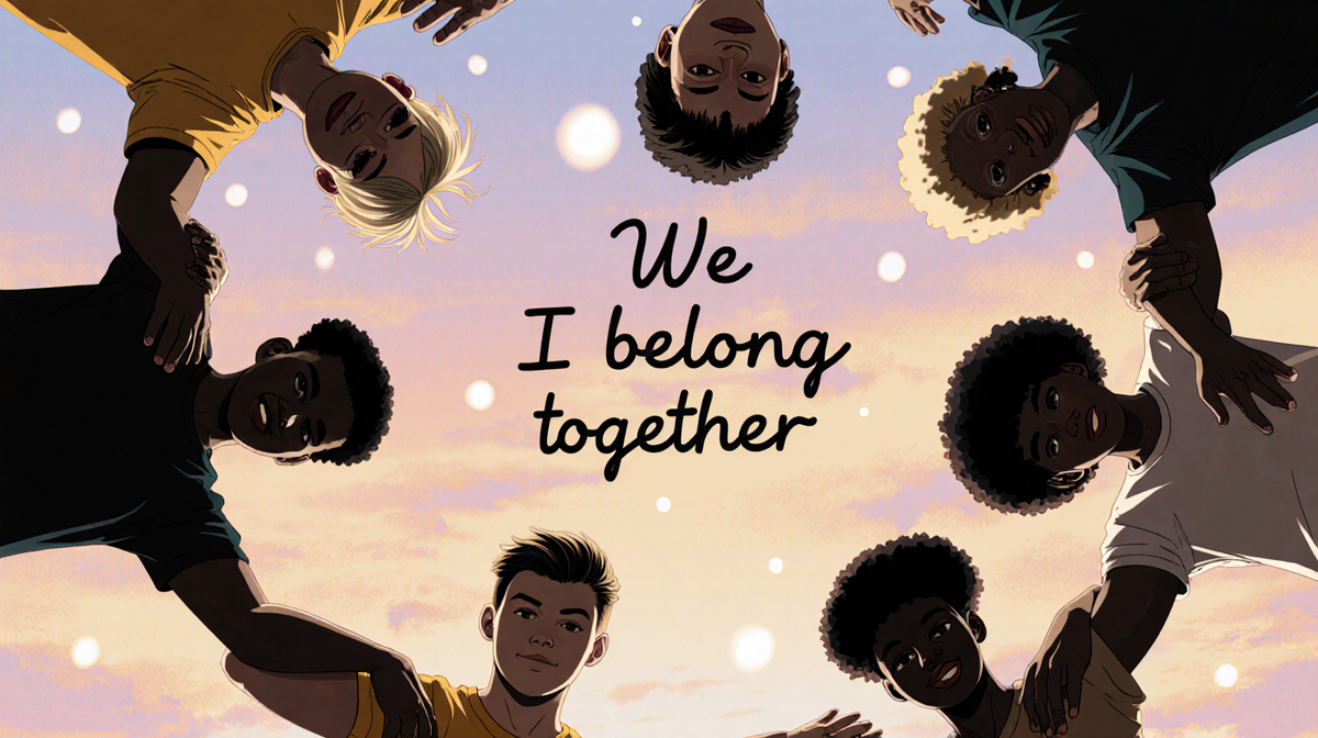 People forming a circle with clasped hands and arms around each other with warm sky unity cursive text We belong together