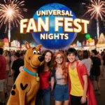 Friends dressed as Scooby-Doo and One Piece characters pose for photos with Universal Fan Fest banner and fireworks behind th