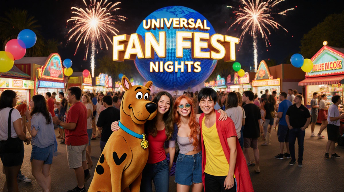 Friends dressed as Scooby-Doo and One Piece characters pose for photos with Universal Fan Fest banner and fireworks behind th