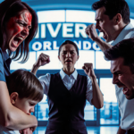 Hotel employee intervenes between angry family in Universal Orlando lobby with tense atmosphere