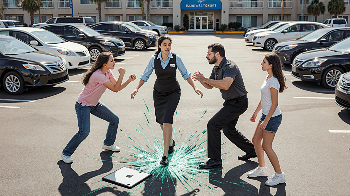 Hotel staff member yelling at angry family near smashed iPad with parked cars behind.