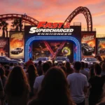 Universal Studios Fast & Furious ride’s cars racing on track with excited park guests near new coaster and sunset orange sky.