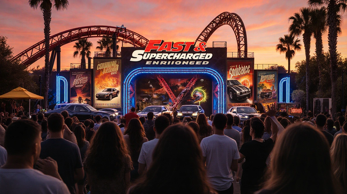 Universal Studios Fast & Furious ride’s cars racing on track with excited park guests near new coaster and sunset orange sky.
