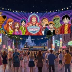Fans in cosplay celebrate under vibrant Universal Studios banner with Hogwarts Express lights glowing behind