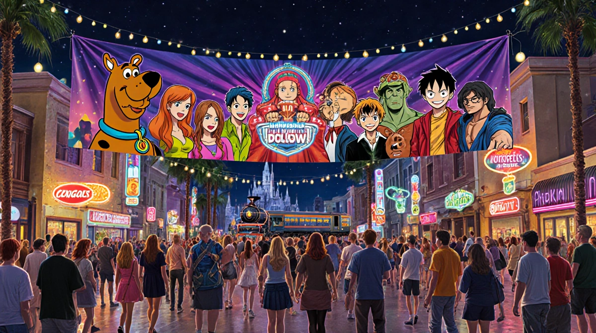 Fans in cosplay celebrate under vibrant Universal Studios banner with Hogwarts Express lights glowing behind