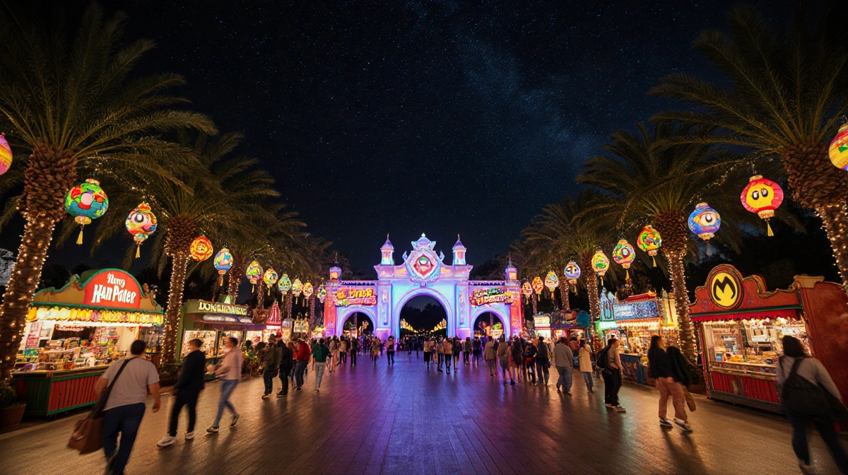 Visitors walk through Universal Studios Fan Fest Nights with glowing lanterns overhead and franchise banners lighting the sta