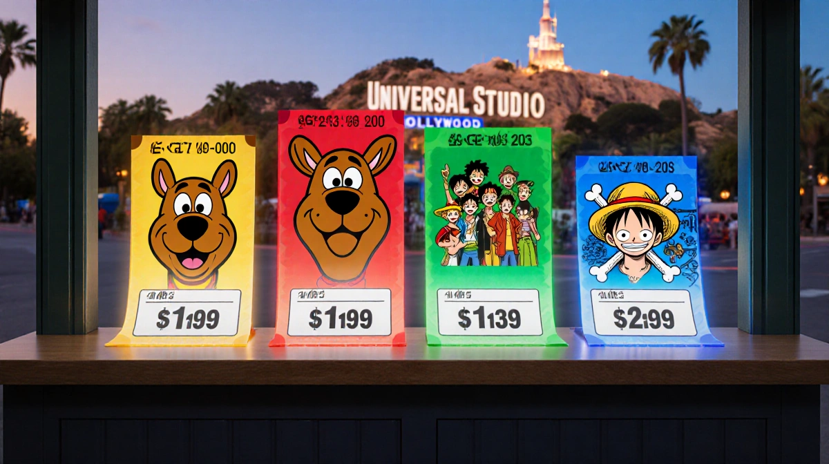 Ticket booth shows colorful admission levels with cartoon logos and prices with Universal Studios attractions blurred behind