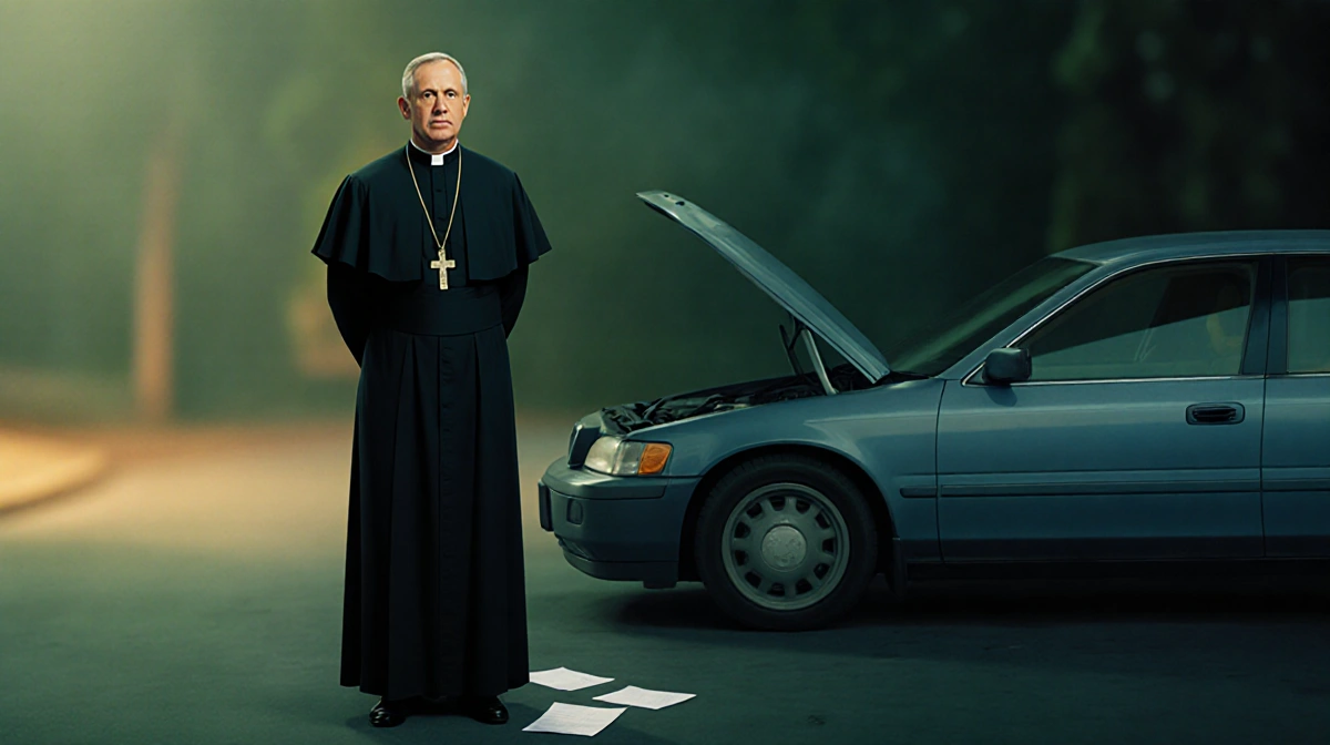 University president stands beside car with hood up showing exhaust system with scattered papers at feet and warm somber ligh