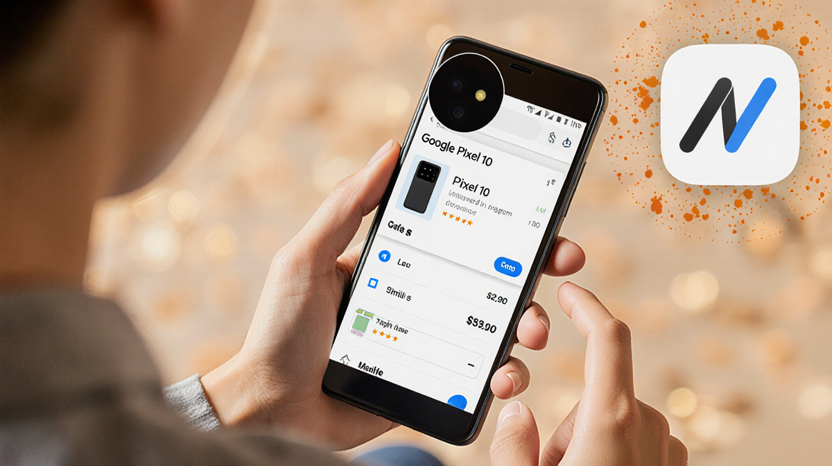 Person holding unlocked Google Pixel 10 with savings price tag and trade-in program hint in warm tones