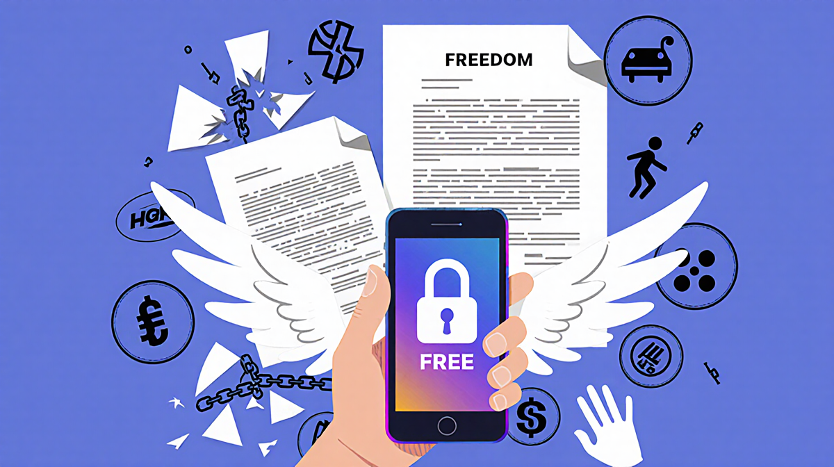 Person holding unlocked phone showing free icon with wings in background and torn contract papers