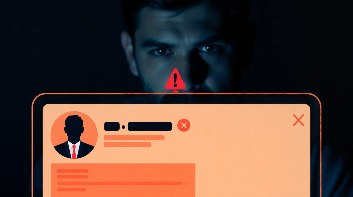 Computer screen shows unverified social media profile with red flag warning and blurred face behind glow