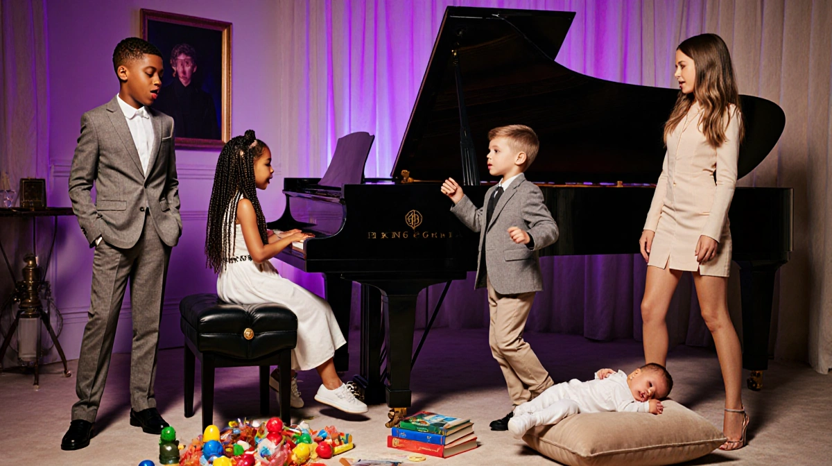 Girl playing piano with siblings dancing and baby resting on cushion in elegant living room