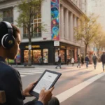 Person listens to audiobook on e-reader with Audible logo while sitting on city bench with bookstore in background