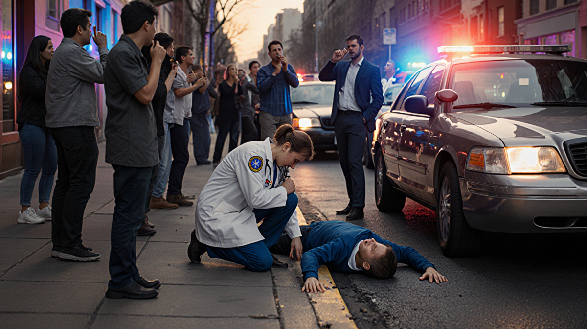 Pediatrician kneeling beside a fallen man with flashing police lights and a panicked crowd on a dawn street
