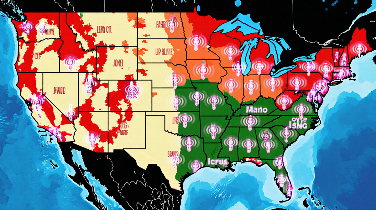 Map shows U.S. coverage with bright 5G towers in major cities and dim signals in rural Iowa.