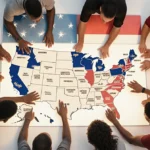 Diverse athletes gather around North America map with Super Bowl and March Madness highlighted and American flag pattern behi