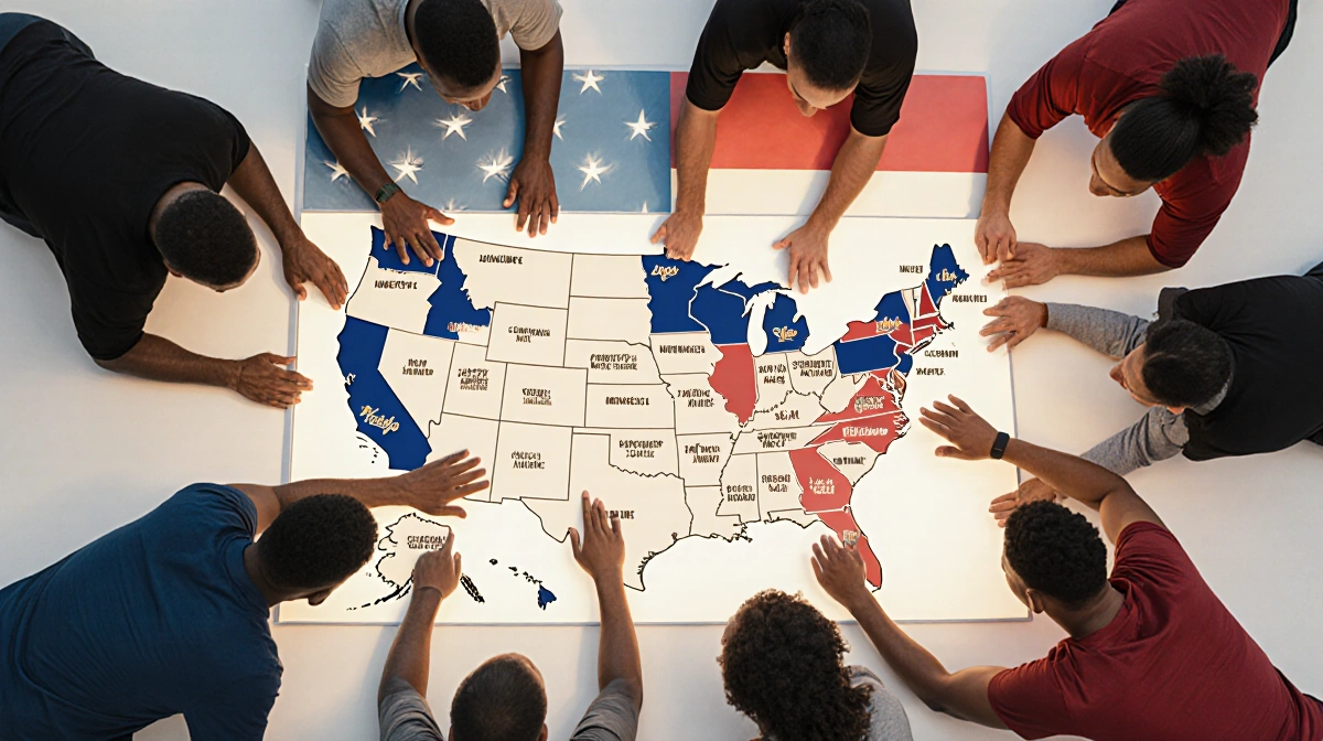Diverse athletes gather around North America map with Super Bowl and March Madness highlighted and American flag pattern behi