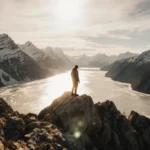 Lone hiker stands on rocky outcrop with snow-capped Rocky Mountains stretching across the horizon and frozen lake gleaming be