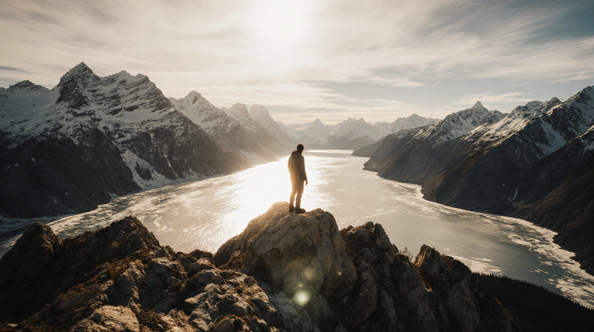 Lone hiker stands on rocky outcrop with snow-capped Rocky Mountains stretching across the horizon and frozen lake gleaming be