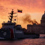 Coast Guard cutter quarantining oil tanker with U.S. flag and Venezuelan government building at sunset.