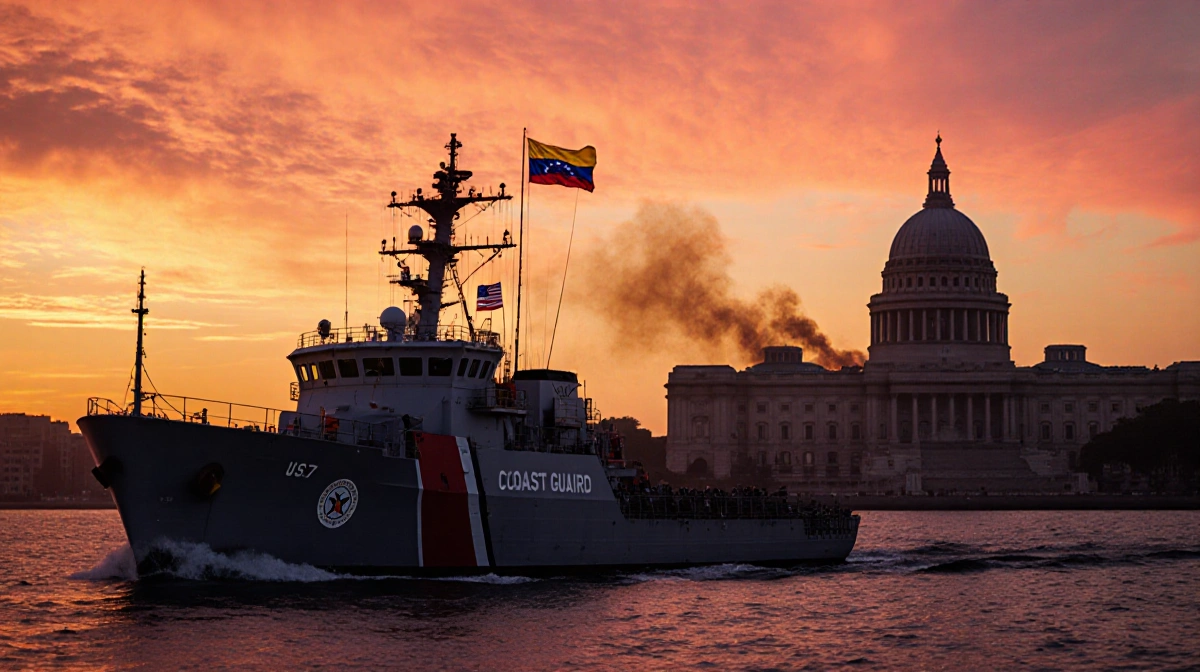 Coast Guard cutter quarantining oil tanker with U.S. flag and Venezuelan government building at sunset.