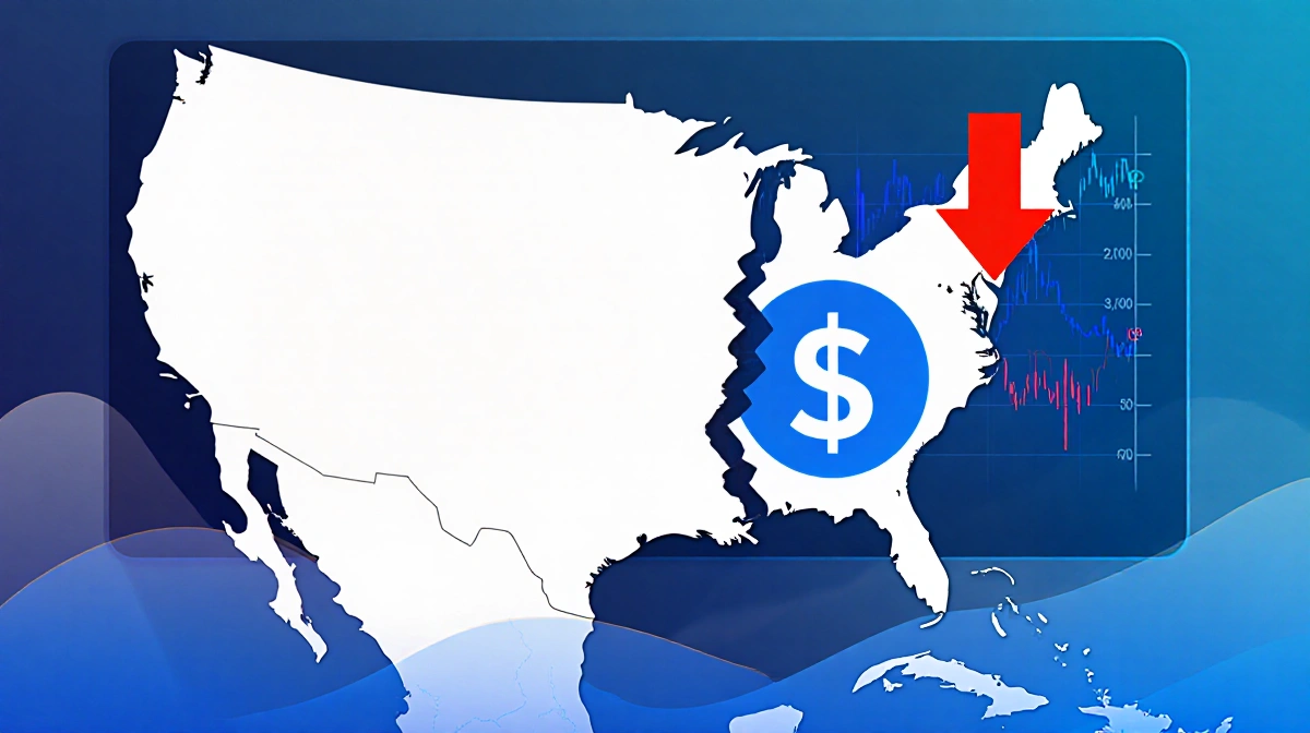 A red arrow points to the United States on a North America map with dollar and crypto symbols merging and market wave pattern