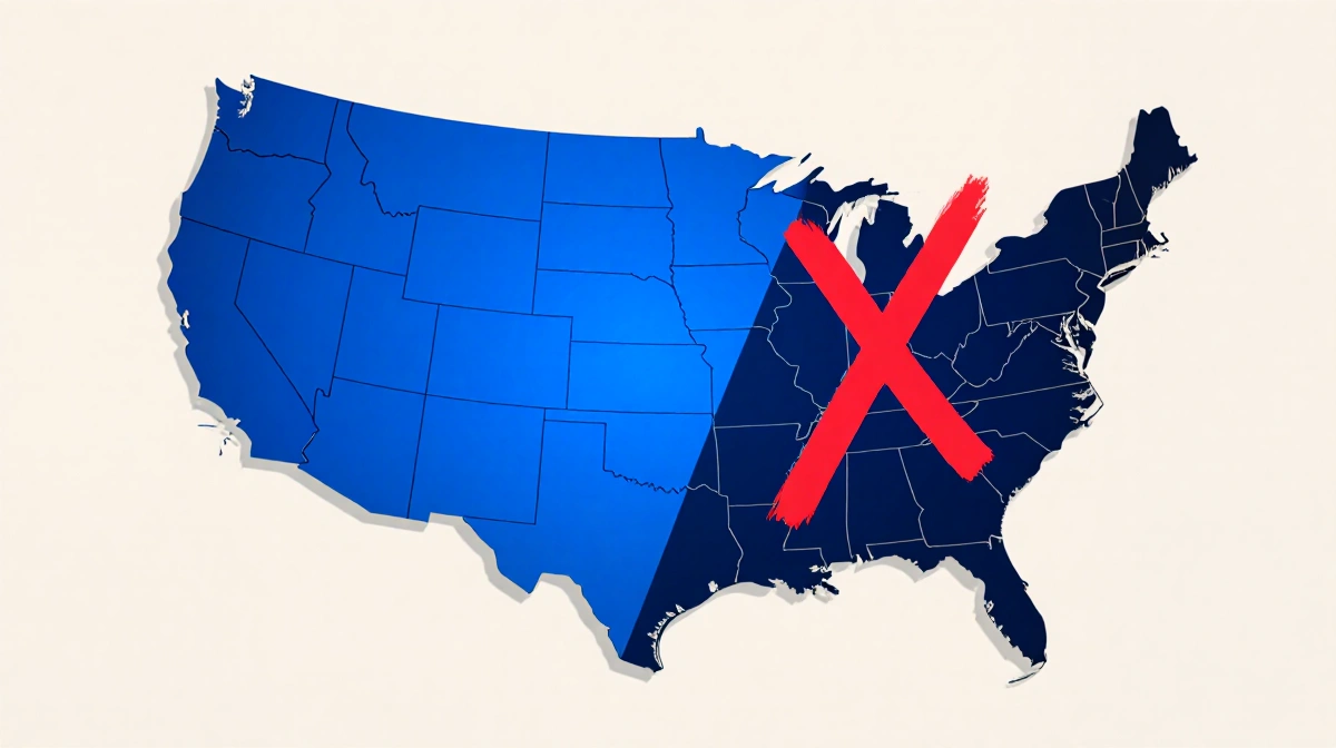 A stylized US election map shows blue Democratic states glowing bright with a red X marking penalized voting districts and gr