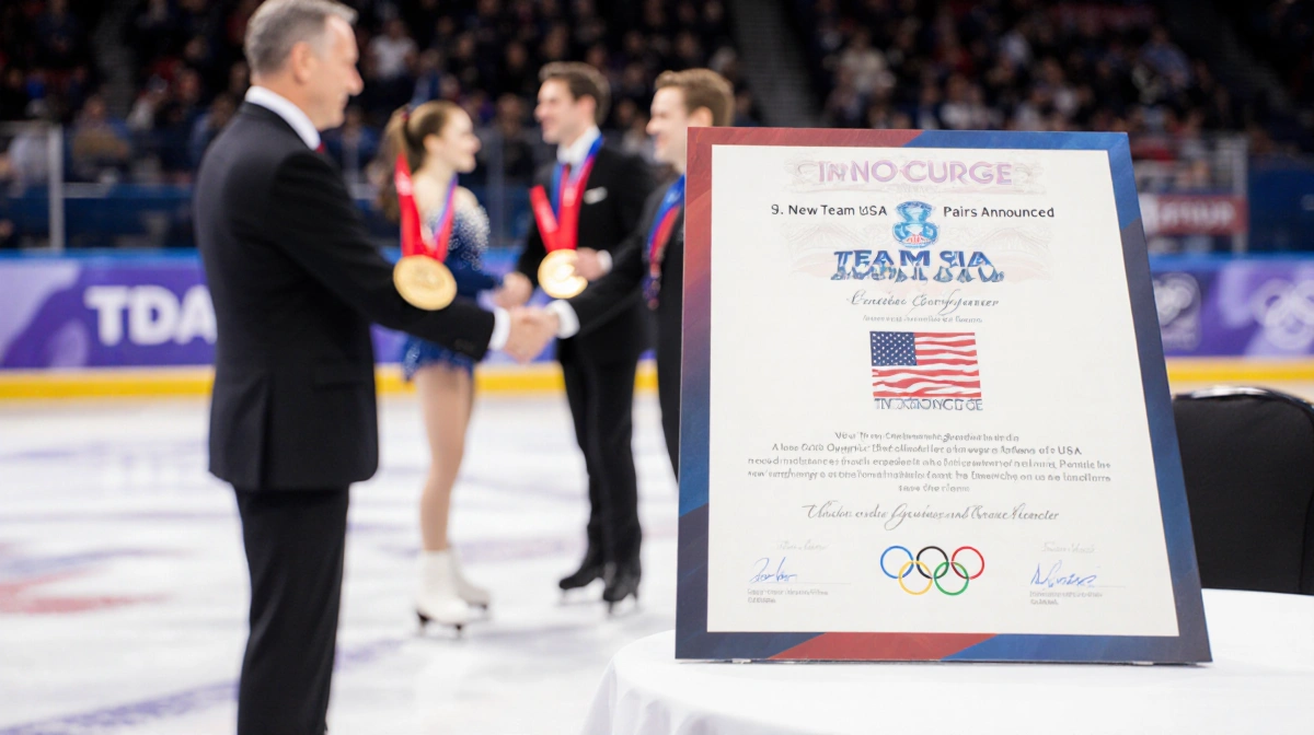 U.S. Figure Skating officials present Olympic pairs medals with Team USA announcement scroll on award table
