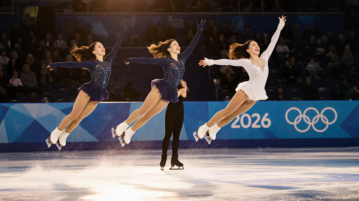 Amber Glenn and Alysa Liu leaping through the air with skates glinting under Olympic lights and Isabeau Levito watching behin