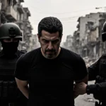 U.S. forces escorting Maduro in handcuffs with blurred Caracas skyline and rubble in background