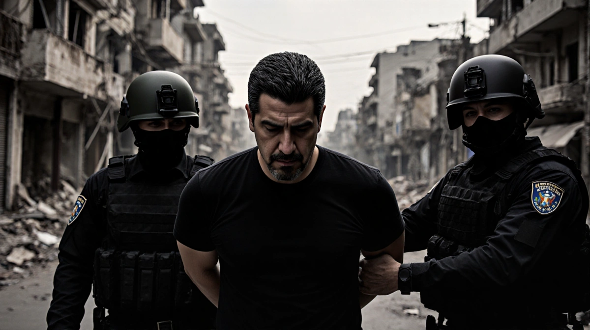 U.S. forces escorting Maduro in handcuffs with blurred Caracas skyline and rubble in background