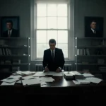 RFK Jr. reviewing medical records at a dim office desk with framed U.S. health policy posters and a glowing window