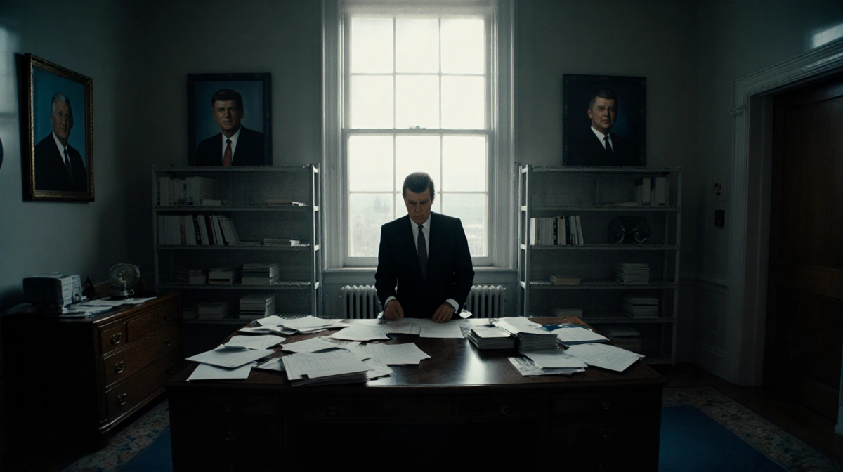 RFK Jr. reviewing medical records at a dim office desk with framed U.S. health policy posters and a glowing window