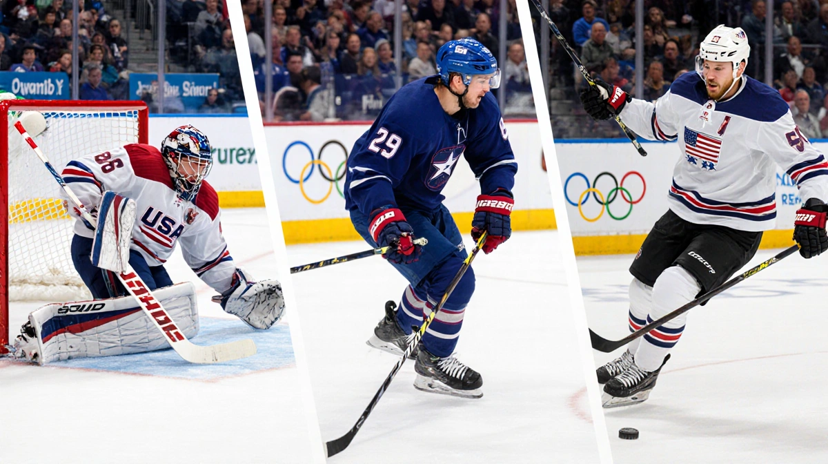 Auston Matthews scores a goal in ice hockey with Austen Ruesler defending and Olympic rings lit in the blur Italian backgroun