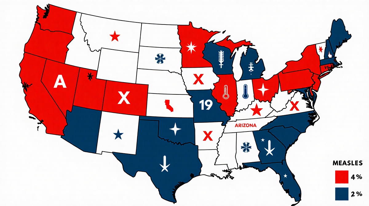 Map of United States highlighting 14 states with colored markers and icons like a red X and vaccine needle to show measles ca