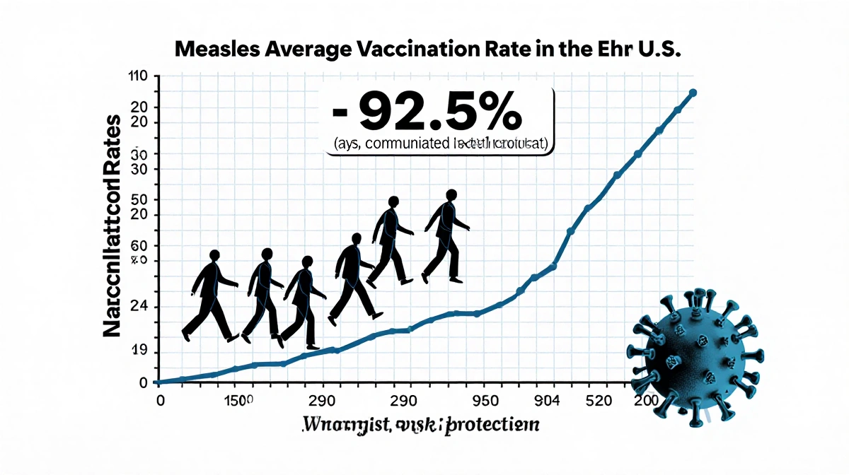 Chart shows 92.5% vaccination rate versus 95% threshold with unvaccinated figures moving apart and faint measles virus.