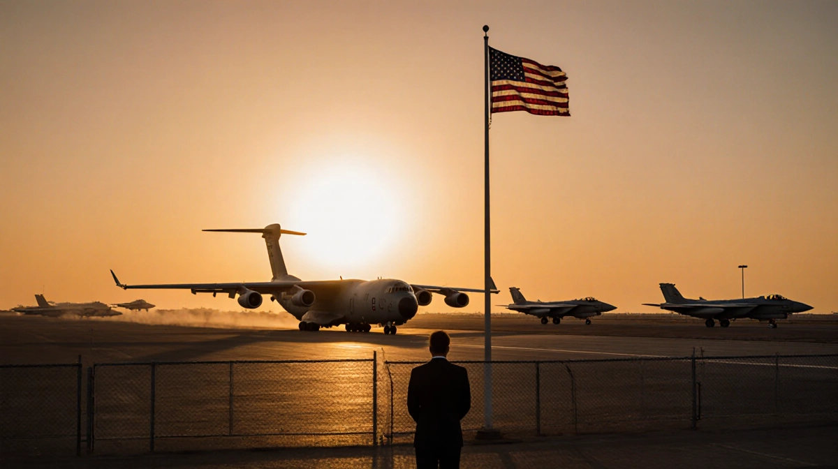 US military aircraft taxiing at dusk with American flag flying and shadowy figure watching near Qatar air base