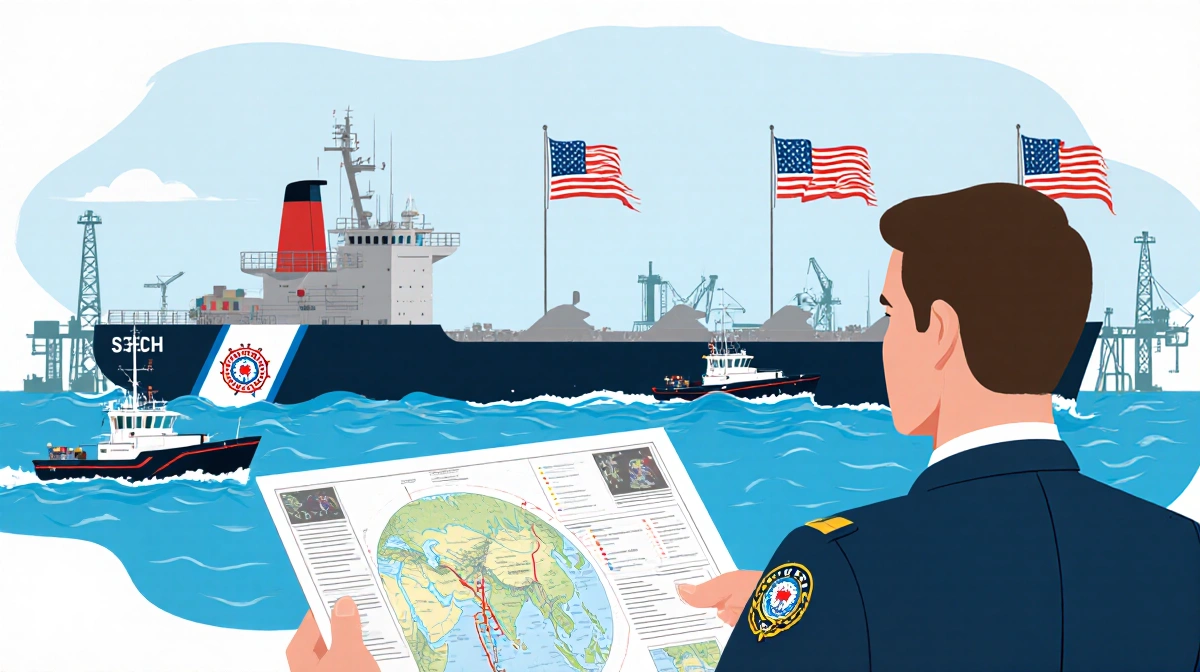 US naval ship towing Veronica tanker with Coast Guard cutter and flags visible