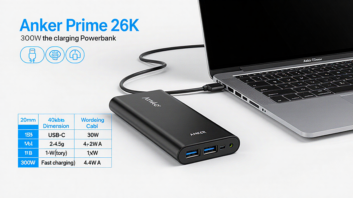 Laptop charging via USB-C cable with Anker Prime 26K power bank in background