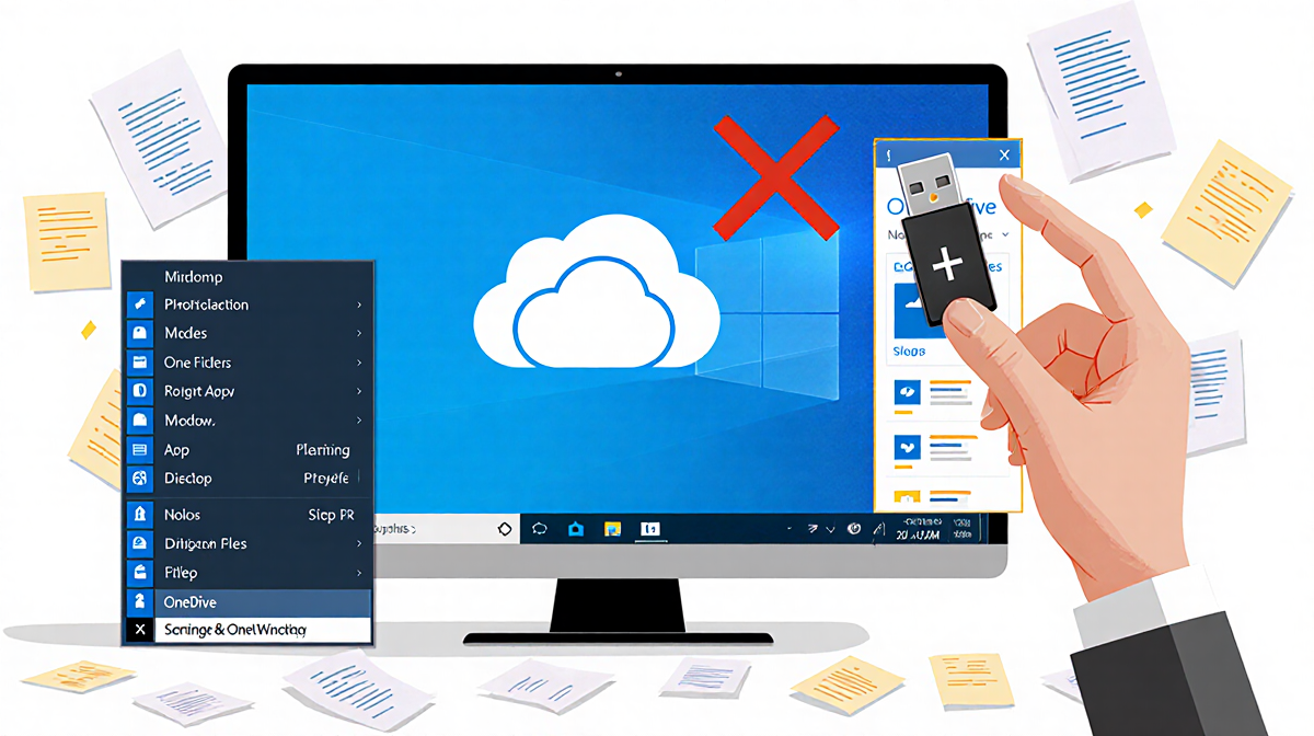 Person holding a USB drive with empty desktop showing Start menu and a red X on OneDrive icon