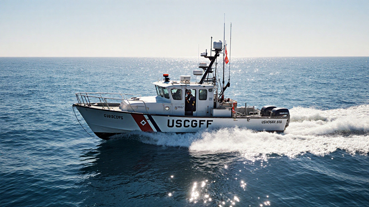 USCG cuddy-cabin boat speeding through calm blue ocean with crew member visible on deck near La Jolla