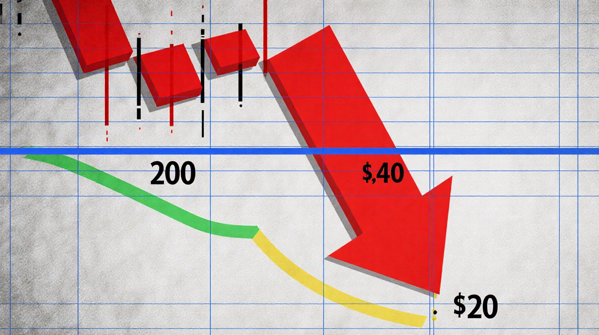 Red candlestick breaking below $2.40 support with blue 200-day moving average line above and yellow-green 100-day line below