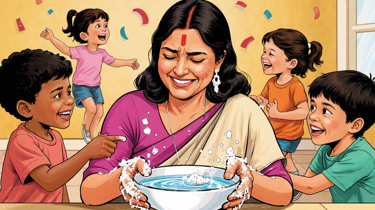 Usha Vance washing dishes with soap suds on her hands and a playful family with three kids laughing