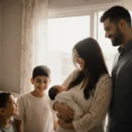 Usha Vance holding a newborn with her smiling family and a sunny nursery