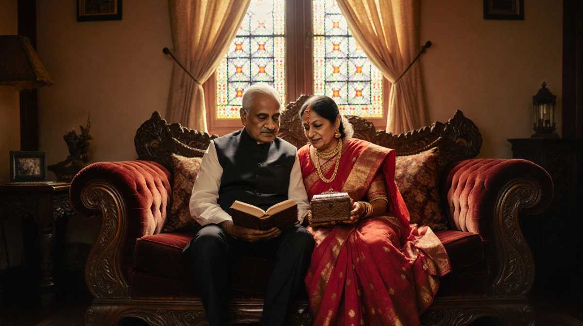 Krish and Lakshmi Chilukuri sit together on a velvet couch with traditional Indian textiles and antique items showing family