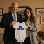 Usha Vance stands with her husband JD Vance and their three children playing in a warm family living room with golden light